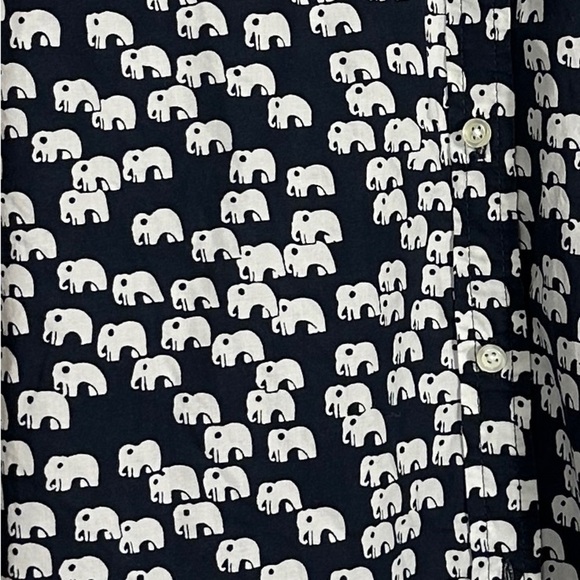 Talbots XL Navy and White Elephant Print Blouse, cotton, roll sleeves w/tab - Picture 2 of 9